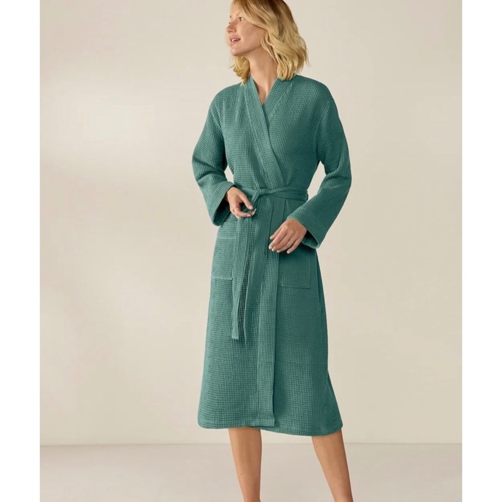 Coyuchi Organic Cotton Unisex Waffle Robe in Spruce Green S/M Self Tie NEW!!